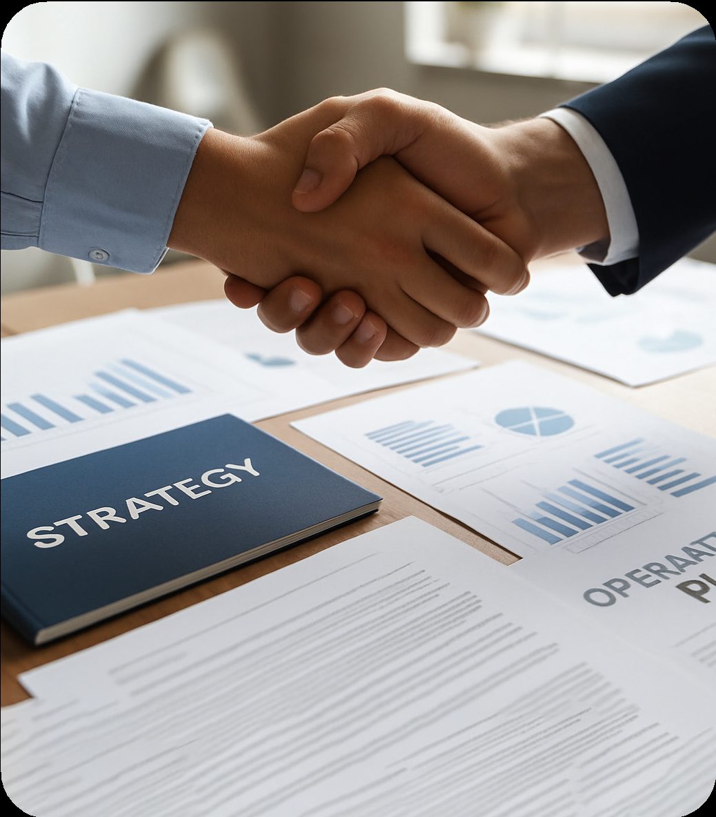 Partners shaking hands over strategy and operating plans